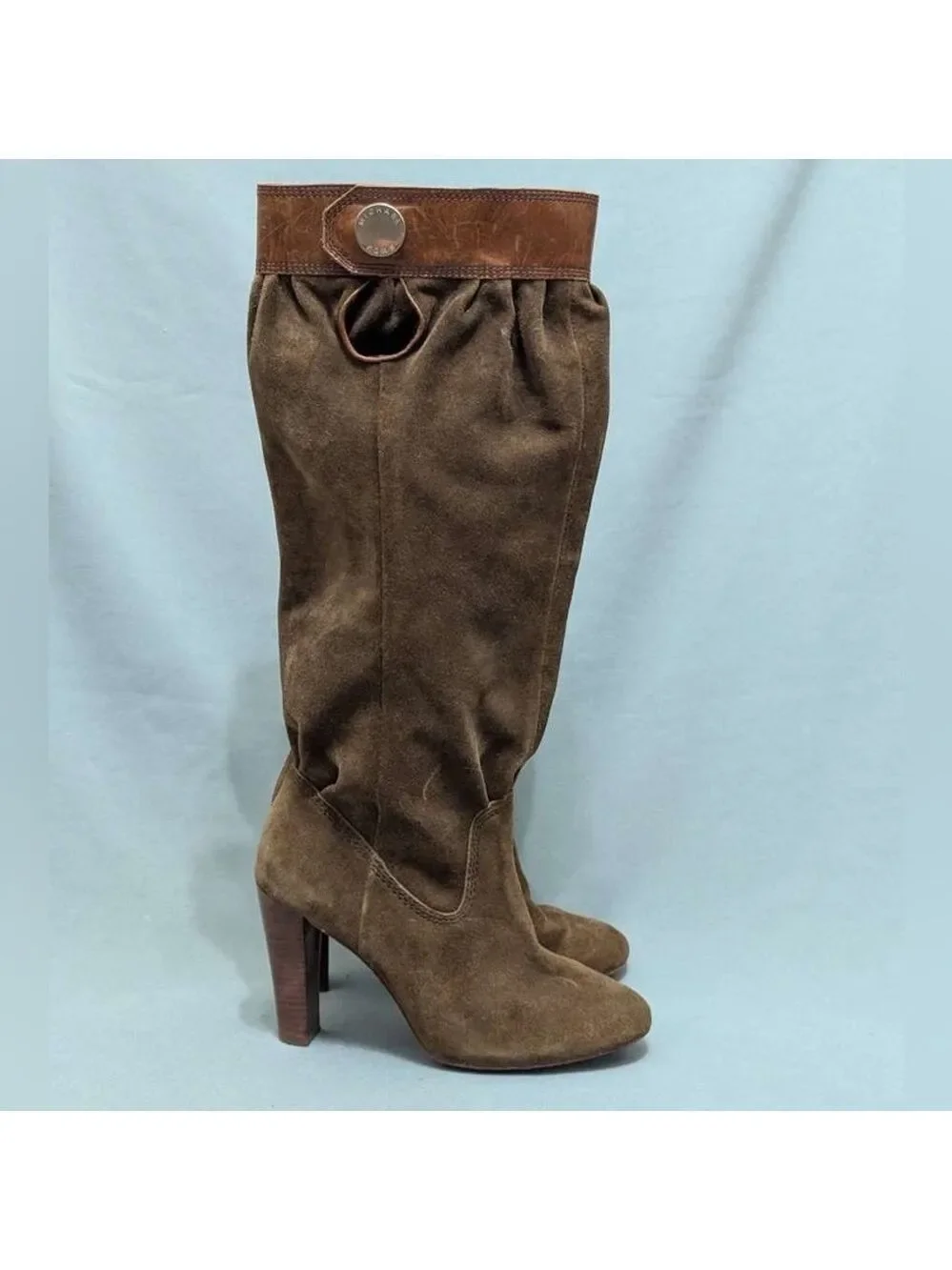 Michael Kors Boots Womens Knee-High Block High Heels Brown Suede Pleats Size 5.5
